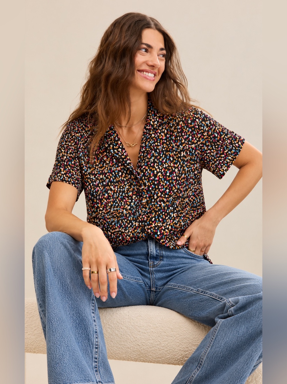 Prana NWT Relaxed Black Multi Dot V-Neck Short Sleeve Top